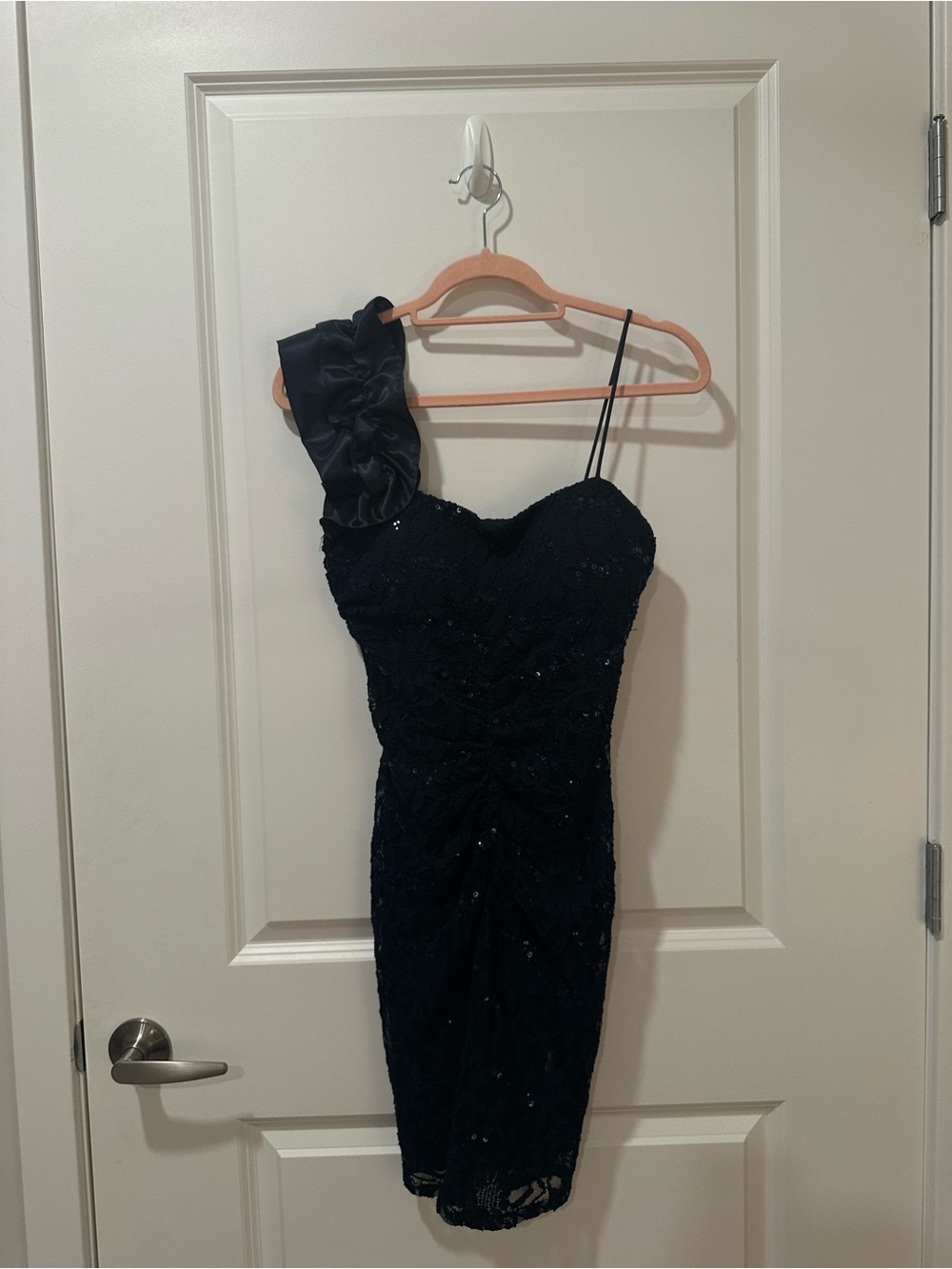 Elegant One-Shoulder Navy Lace Dress